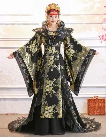 贵妃演出服cos黑色仙女公主皇后拖尾大码定制古代服装汉服女 黑色衣服