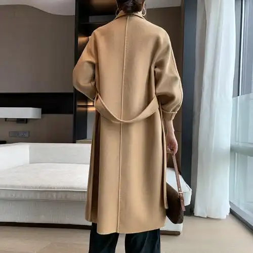 2020冬装新款驼色无羊绒双排扣双面呢大衣羊毛呢子外套中长款女士
