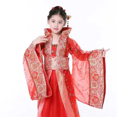 女童汉服唐古代宫廷仙女拖尾古风大袖皇后服装公主儿童小贵妃古装粉红