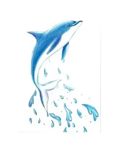 海豚彩铅蓝色手绘卡通鲸鱼海洋动物元素png素材在蓝色水中跳跃的海豚